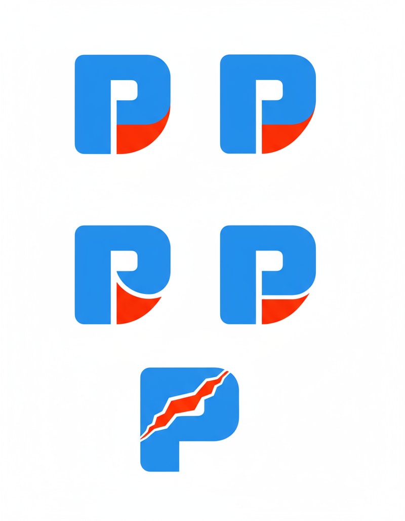Give me 5 more logos inspired by this image. But the blue part actually represents letter P, and the red part is like a negative space. So we should keep the P, and make it squarish and blocky