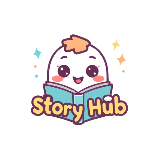 Professional logo design. Logo Design:A super cute cartoon logo for a storytelling channel called "Story Hub",chibi style smiling book character,big round eyes, soft pastel colors,speech bubble and small stars,friendly, joyful, kid-friendly,simple vector illustration,clean white background, kawaii style