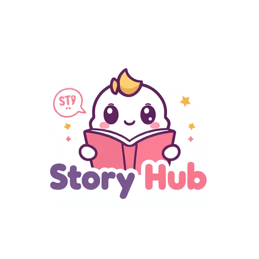 Professional logo design. Logo Design:A super cute cartoon logo for a storytelling channel called "Story Hub",chibi style smiling book character,big round eyes, soft pastel colors,speech bubble and small stars,friendly, joyful, kid-friendly,simple vector illustration,clean white background, kawaii style