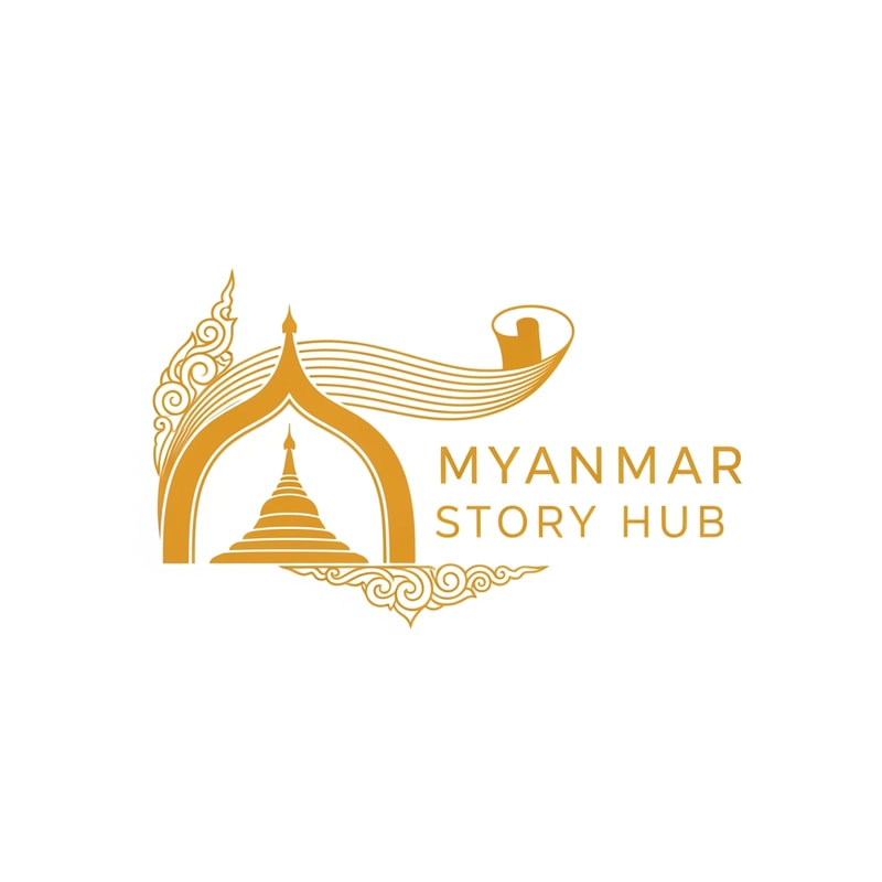 “Logo design for ‘Myanmar Story Hub’, single yellow color, incorporating Myanmar traditional motifs, subtle pagoda or palm-leaf manuscript inspiration, storytelling theme, elegant minimal vector logo”