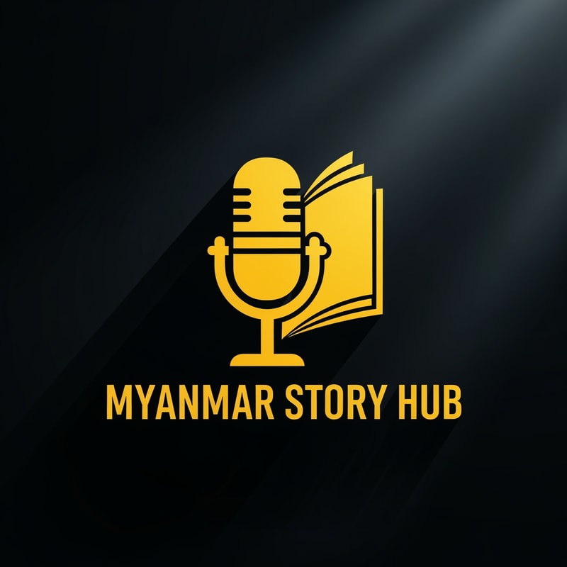 Cinematic logo for a storytelling channel named ‘Myanmar Story Hub’, yellow silhouette style, microphone + book fusion icon, dramatic lighting effect, simple bold shapes, clean logo design
