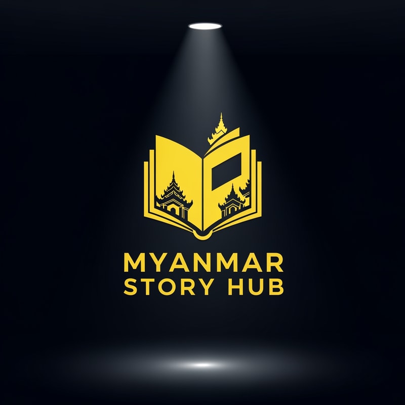 Cinematic logo for a storytelling channel named ‘Myanmar Story Hub’, yellow silhouette style, book fusion icon, dramatic lighting effect, simple bold shapes, clean logo design