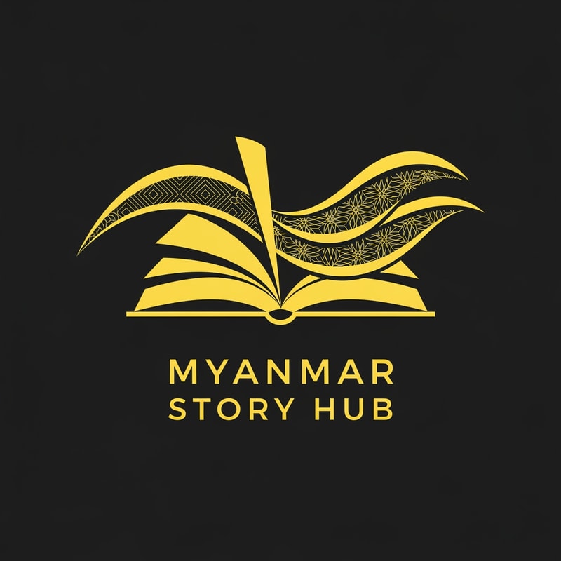 A minimal logo for ‘Myanmar Story Hub’, using only yellow color palette, featuring an open book transforming into flowing storytelling waves, subtle Myanmar traditional patterns, flat design, clean vector style, modern yet cultural, dark background for contrast