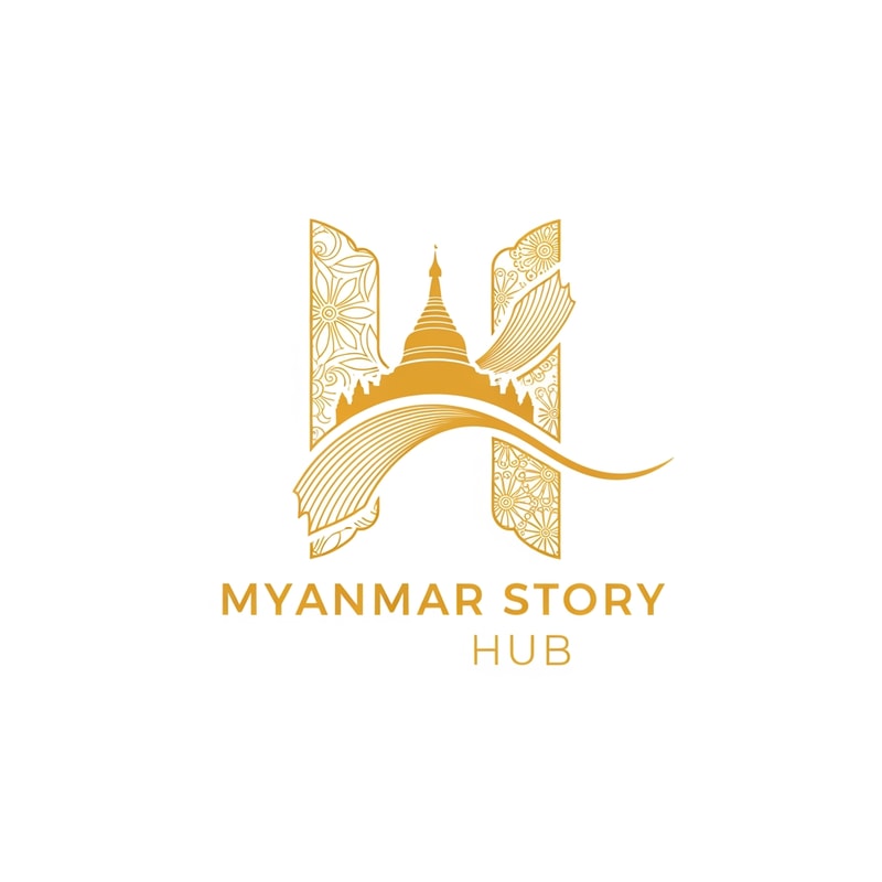 “Logo design for ‘Myanmar Story Hub’, single yellow color, incorporating Myanmar traditional motifs, subtle pagoda or palm-leaf manuscript inspiration, storytelling theme, elegant minimal vector logo”