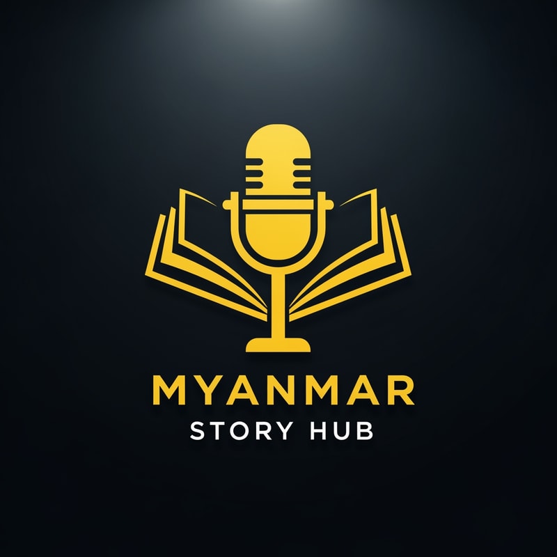 Cinematic logo for a storytelling channel named ‘Myanmar Story Hub’, yellow silhouette style, microphone + book fusion icon, dramatic lighting effect, simple bold shapes, clean logo design