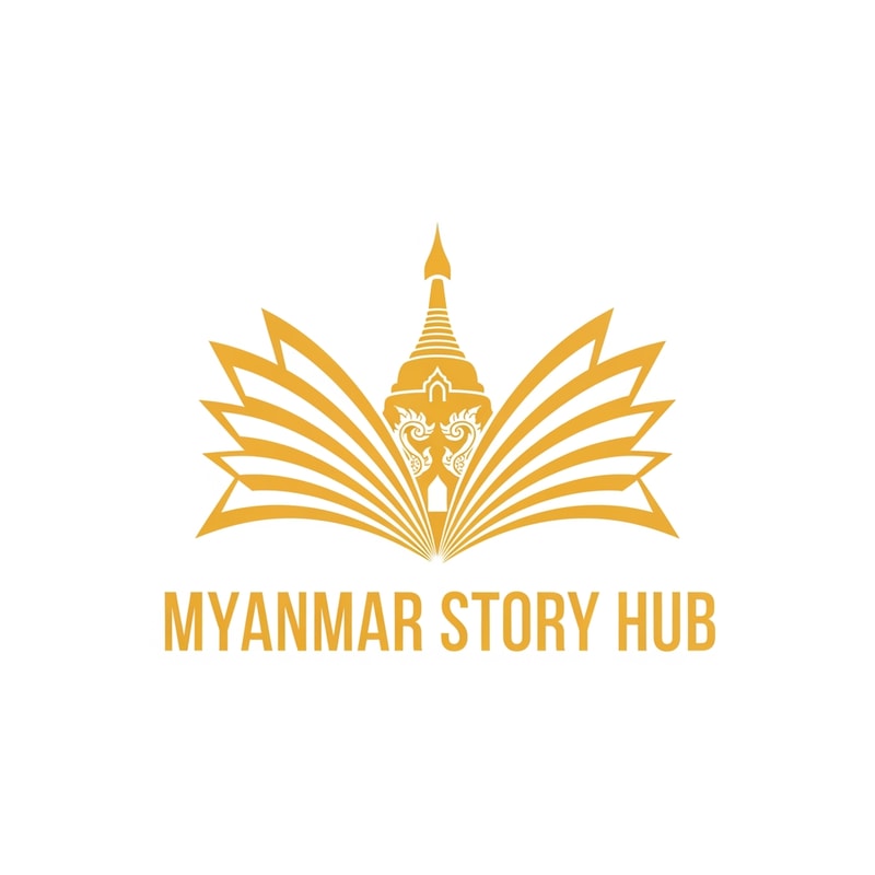 “Logo design for ‘Myanmar Story Hub’, single yellow color, incorporating Myanmar traditional motifs, subtle pagoda or palm-leaf manuscript inspiration, storytelling theme, elegant minimal vector logo”