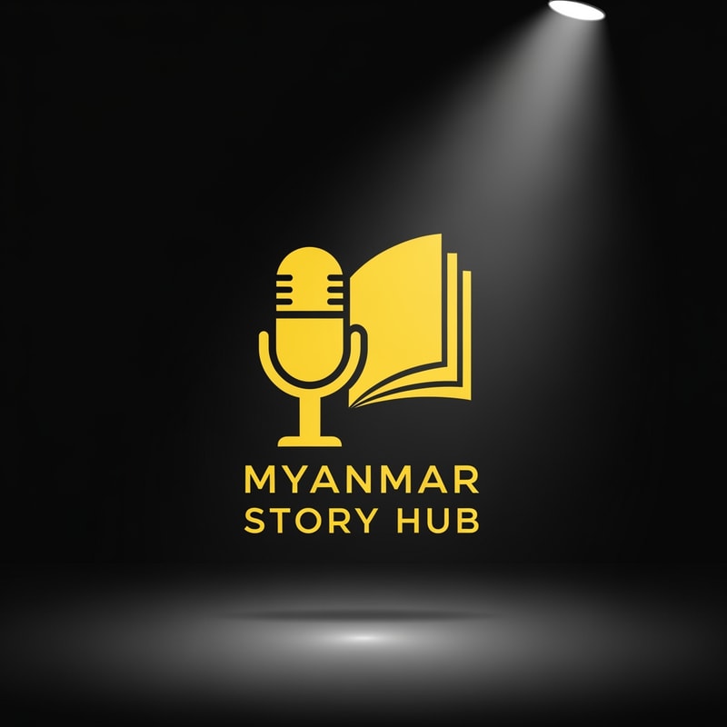 Cinematic logo for a storytelling channel named ‘Myanmar Story Hub’, yellow silhouette style, microphone + book fusion icon, dramatic lighting effect, simple bold shapes, clean logo design