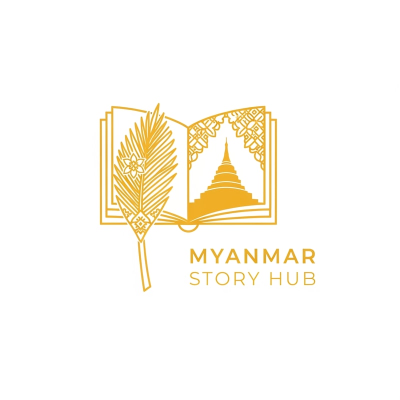 “Logo design for ‘Myanmar Story Hub’, single yellow color, incorporating Myanmar traditional motifs, subtle pagoda or palm-leaf manuscript inspiration, storytelling theme, elegant minimal vector logo”