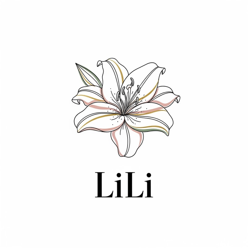 Luxury fashion logo for a clothing brand named "LiLi", elegant line-art lily flower, soft dusty pink and sage green color palette, minimalist design, thin gold accents, sophisticated serif typography, high-end boutique aesthetic, clean white background, modern luxury branding