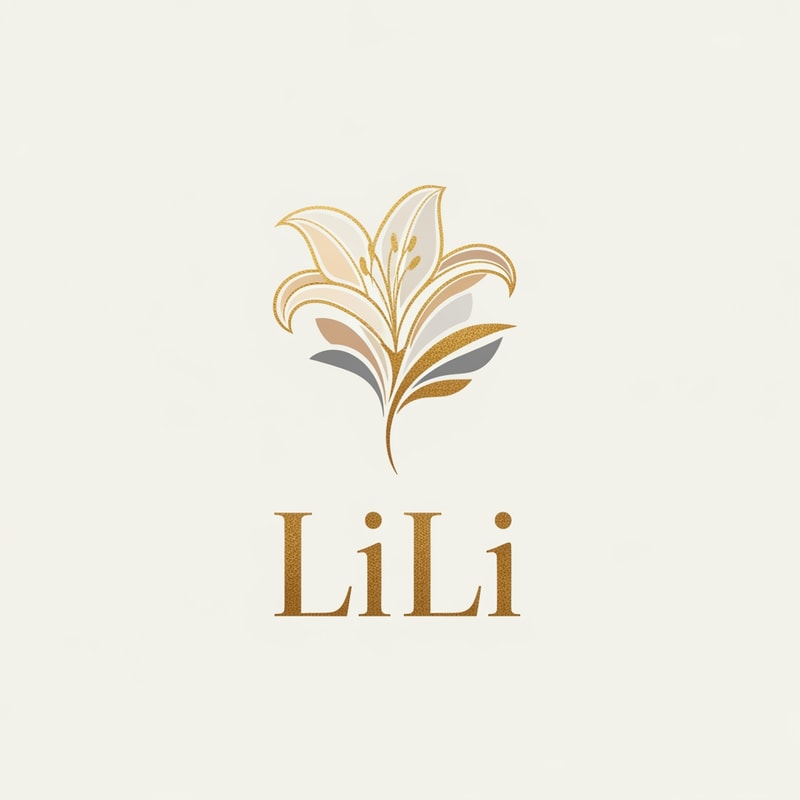 High-end fashion house logo for "LiLi", abstract floral symbol inspired by lily flower, premium serif typography with wide letter spacing, neutral tones with gold foil effect, elegant and timeless luxury brand identity, minimal background