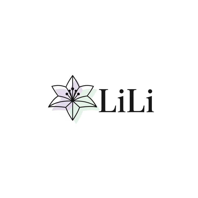 Minimalist logo design for "LiLi" clothing brand, simple geometric lily symbol, monochrome with subtle pastel accents, modern serif font, clean and timeless fashion branding, flat logo style, white background