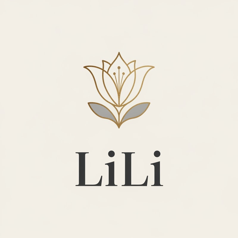 High-end fashion house logo for "LiLi", abstract floral symbol inspired by lily flower, premium serif typography with wide letter spacing, neutral tones with gold foil effect, elegant and timeless luxury brand identity, minimal background