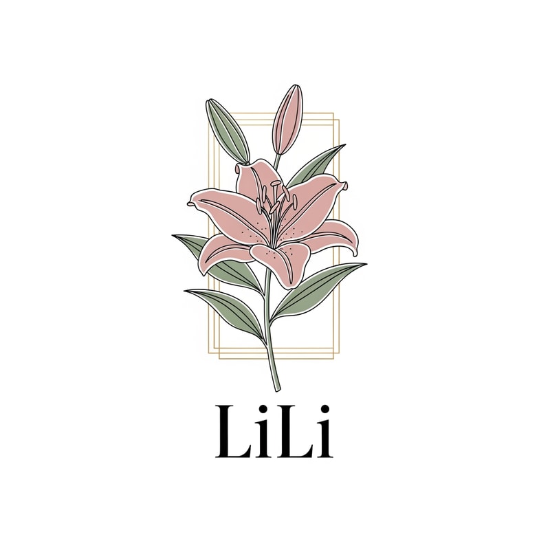 Luxury fashion logo for a clothing brand named "LiLi", elegant line-art lily flower, soft dusty pink and sage green color palette, minimalist design, thin gold accents, sophisticated serif typography, high-end boutique aesthetic, clean white background, modern luxury branding