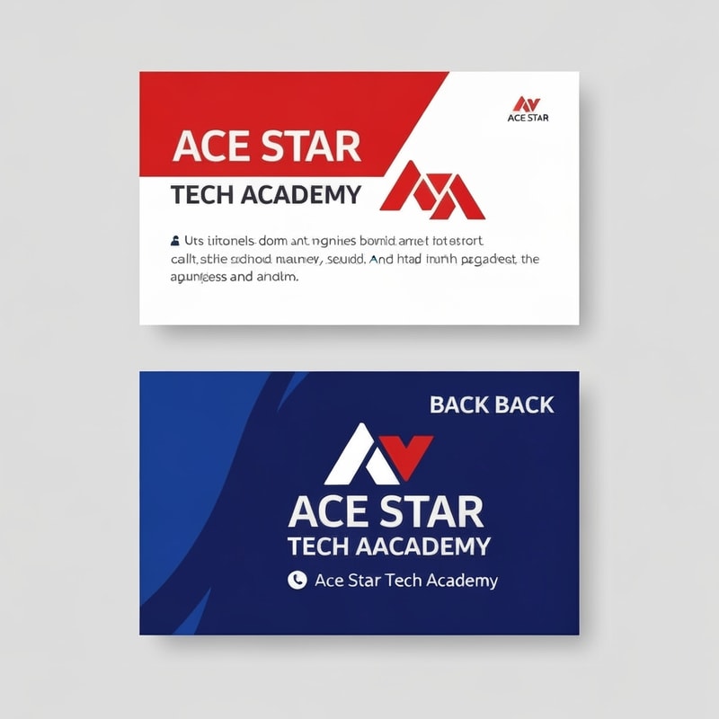 a business name card for ace star tech academy. front and back view. the main color is red and blue