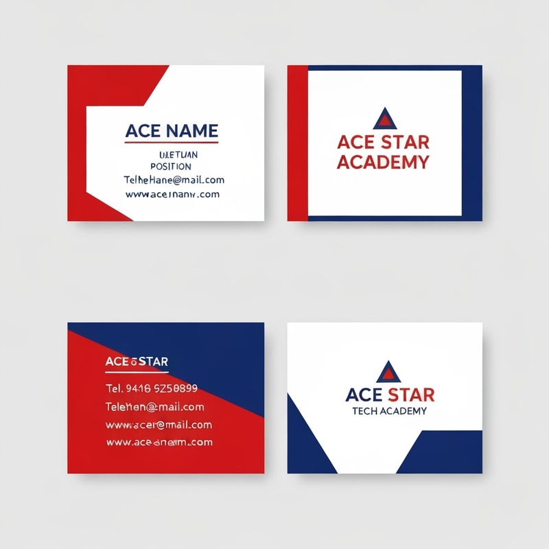a business name card for ace star tech academy. front and back view. the main color is red and blue. there's name, position, telephone number, email, website