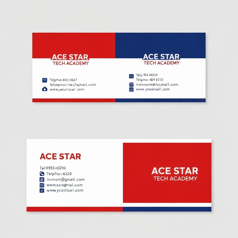 a business name card for ace star tech academy. front and back view. the main color is red and blue. there's name, position, telephone number, email, website