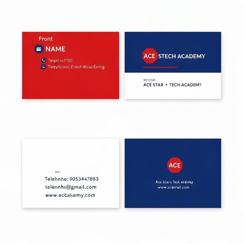 a business name card for ace star tech academy. front and back view. the main color is red and blue. there's name, position, telephone number, email, website