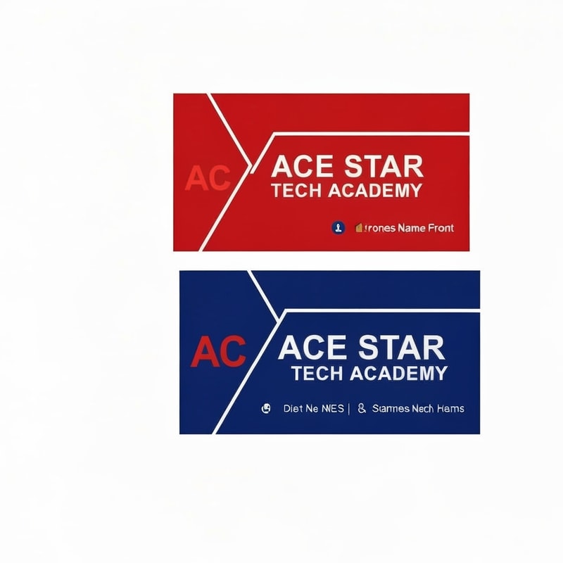 a business name card for ace star tech academy. front and back view. the main color is red and blue
