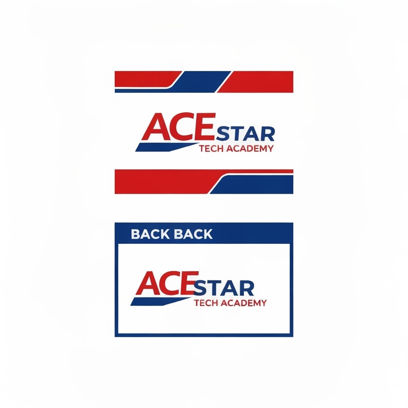 a business name card for ace star tech academy. front and back view. the main color is red and blue