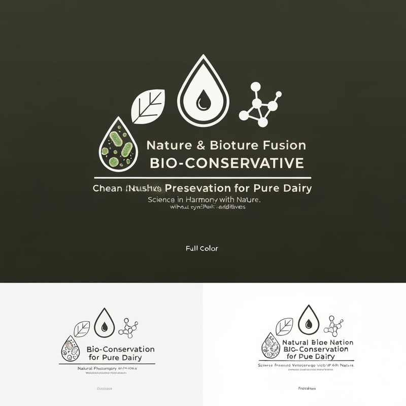 Create a modern, clean, and science-inspired logo for a product that is a bio-conservative for dairy products, particularly cheese. The product naturally extends shelf life and preserves freshness without synthetic additives.

Key themes to represent:

Nature & biotechnology fusion (e.g., leaves, microbes, molecular patterns, or natural droplets)

Dairy connection (e.g., cheese wedge, milk droplet, or subtle dairy motifs)

Clean-label and safety (freshness, purity, sustainability)

Innovation & trustworthiness (professional, scientific aesthetic)

Style preferences:

Minimalist, modern, and elegant

Soft, natural color palette — white, cream, light green, blue, or gold tones

Avoid clutter or overly literal food imagery

Optionally include a tagline like: “Natural Preservation for Pure Dairy” or “Science in Harmony with Nature.”

Output options:

Full-color version and monochrome variant

Suitable for packaging, product labels, and digital marketing

Inspiration keywords: biotech, nature, purity, dairy innovation, sustainability, microbiology, freshness.