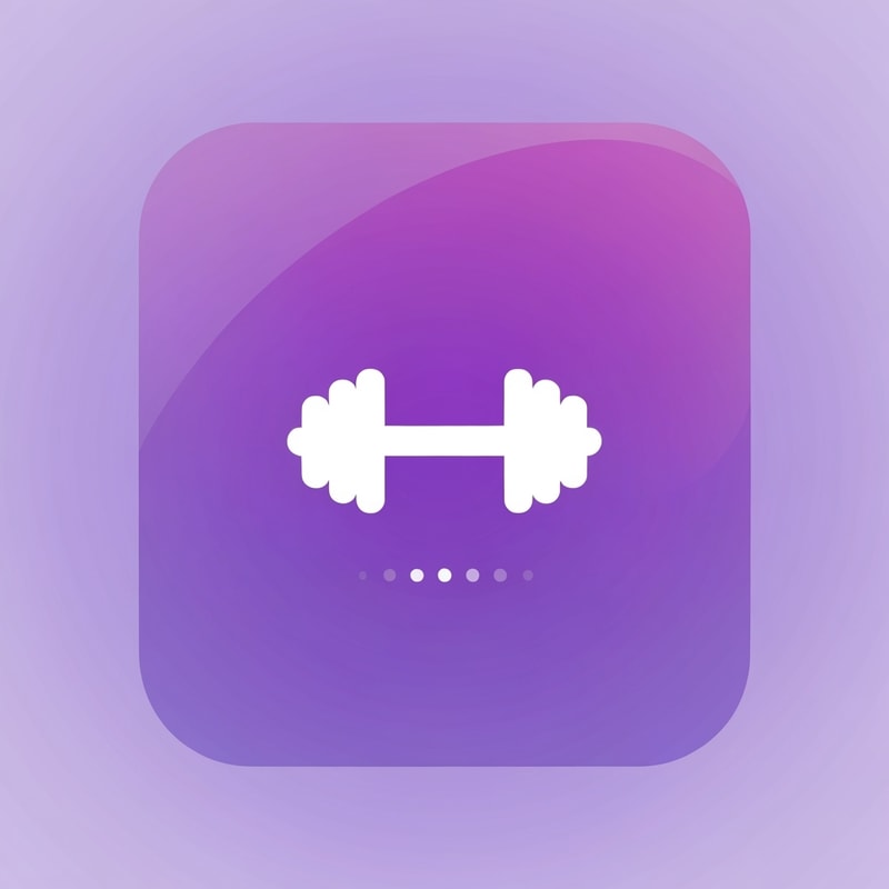 Minimalistic gym logo design with a white dumbbell icon centered on a smooth gradient background (shades of purple and violet). The logo should have clean, rounded edges and a modern, app-style appearance. Include a subtle loading animation (small circular dots) below the dumbbell to suggest an app loading screen. The style should be sleek, futuristic, and professional, suitable for a fitness mobile app splash screen.