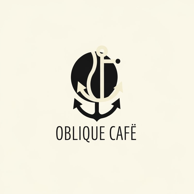 Create a logo for Oblique Café, a modern coffee brand from Odesa inspired by brutalist design and architectural minimalism. The logo should combine abstract elements of a coffee bean and an anchor — symbolizing both the brand’s connection to coffee and the seaside spirit of Odesa. The composition should feel bold, geometric, and intelligent, with clean lines, balanced negative space, and a strong typographic layout. Use graphite black and soft cream colors. Include the name Oblique Café in a minimalist sans-serif typeface. The mood should reflect confidence, structure, and quiet sophistication — similar to Aesop, Acne Studios, and Blue Bottle Coffee aesthetics.