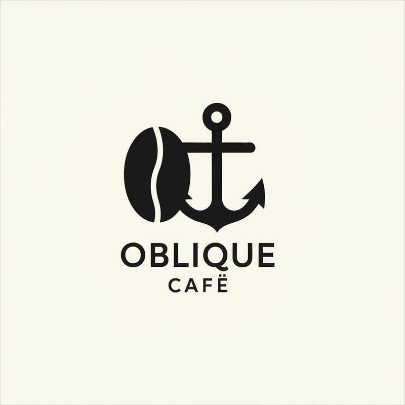 Create a logo for Oblique Café, a modern coffee brand from Odesa inspired by brutalist design and architectural minimalism. The logo should combine abstract elements of a coffee bean and an anchor — symbolizing both the brand’s connection to coffee and the seaside spirit of Odesa. The composition should feel bold, geometric, and intelligent, with clean lines, balanced negative space, and a strong typographic layout. Use graphite black and soft cream colors. Include the name Oblique Café in a minimalist sans-serif typeface. The mood should reflect confidence, structure, and quiet sophistication — similar to Aesop, Acne Studios, and Blue Bottle Coffee aesthetics.