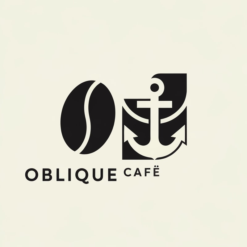 Create a logo for Oblique Café, a modern coffee brand from Odesa inspired by brutalist design and architectural minimalism. The logo should combine abstract elements of a coffee bean and an anchor — symbolizing both the brand’s connection to coffee and the seaside spirit of Odesa. The composition should feel bold, geometric, and intelligent, with clean lines, balanced negative space, and a strong typographic layout. Use graphite black and soft cream colors. Include the name Oblique Café in a minimalist sans-serif typeface. The mood should reflect confidence, structure, and quiet sophistication — similar to Aesop, Acne Studios, and Blue Bottle Coffee aesthetics.