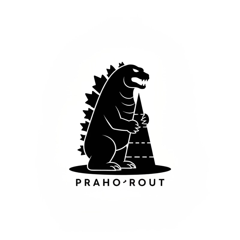logo black minimalistic inspired by godzilla holding prague tower with text PRAHOŽROUT