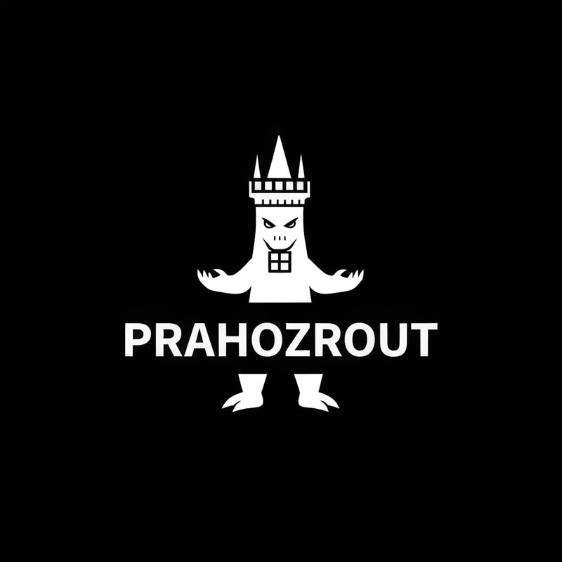 simply black logo very minimalistic inspired by godzilla holding in hands prague tower with text PRAHOZROUT similar to playboy logo