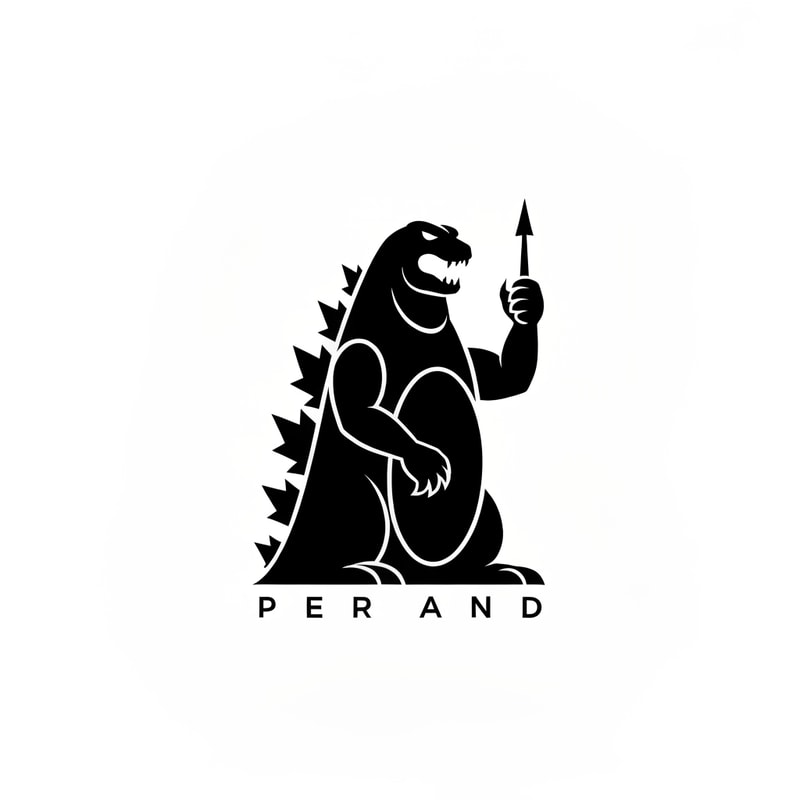 brand black minimalistic logo inspired by godzilla holding prague tower