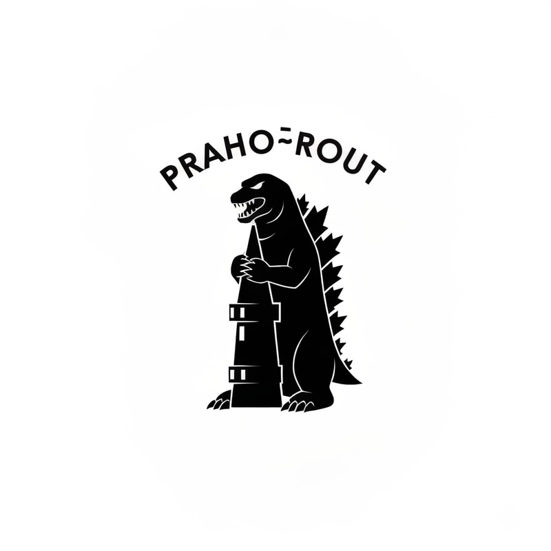 logo black minimalistic inspired by godzilla holding prague tower with text PRAHOŽROUT