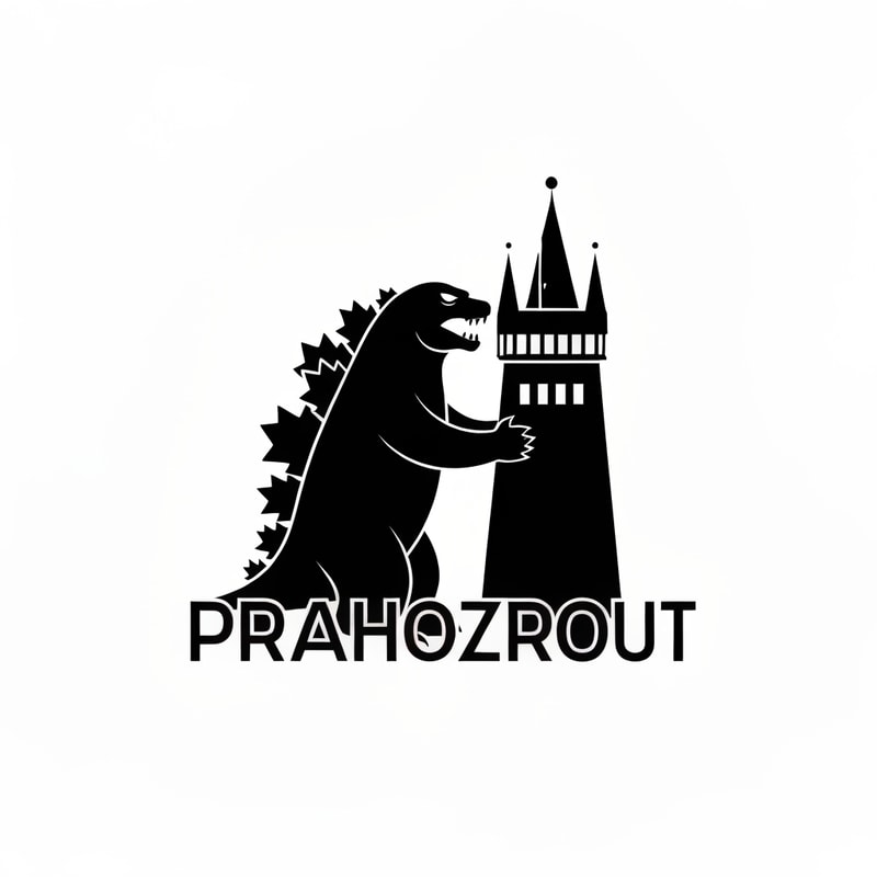 simply black logo very minimalistic inspired by godzilla holding prague tower with text PRAHOZROUT