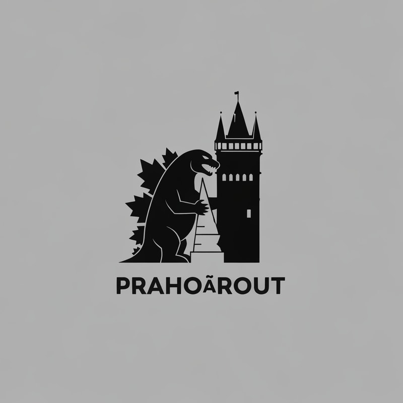 logo black minimalistic inspired by godzilla holding prague tower with text PRAHOŽROUT