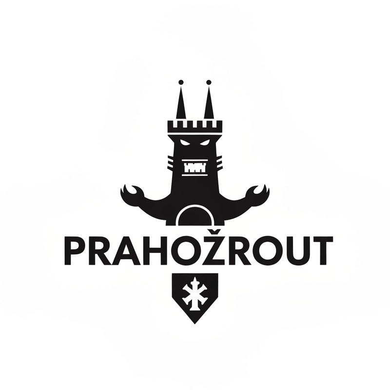 simply black logo very minimalistic inspired by godzilla holding in hands prague tower with text PRAHOZROUT similar to playboy logo
