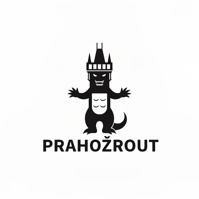 simply black logo very minimalistic inspired by godzilla holding in hands prague tower with text PRAHOZROUT similar to playboy logo