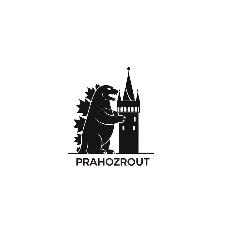 simply black logo very minimalistic inspired by godzilla holding prague tower with text PRAHOZROUT
