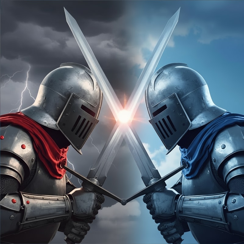 make a picture of two kngiths fighting each other and their swords are clashing in perfect symetry. Only their helmets and upper shoulder protectors are visible and is zoomed in ont he swords calshing. There is also a cape around it's neck. The Armor ont he neck is plate armor, and the helmet is complete round metal with slanted slits for eyes and small thin slits for breathing.  THe view is from falt level with the heads, only getting the face of helmet and sword calshing. The kngiht on the left is wearing a red cape and samll red indents ont he shoulder, while the blue knight is wearing a blue cape and has samll blue indents on the shoulder. Int eh back, above the red knight is a stromy sky with dark clouds and ligthnign, while it gradually belnds into a nice clear blue sky, with some gentle clouds. The entire thing is made form the animation style of Clash Royale video game by Supercell.