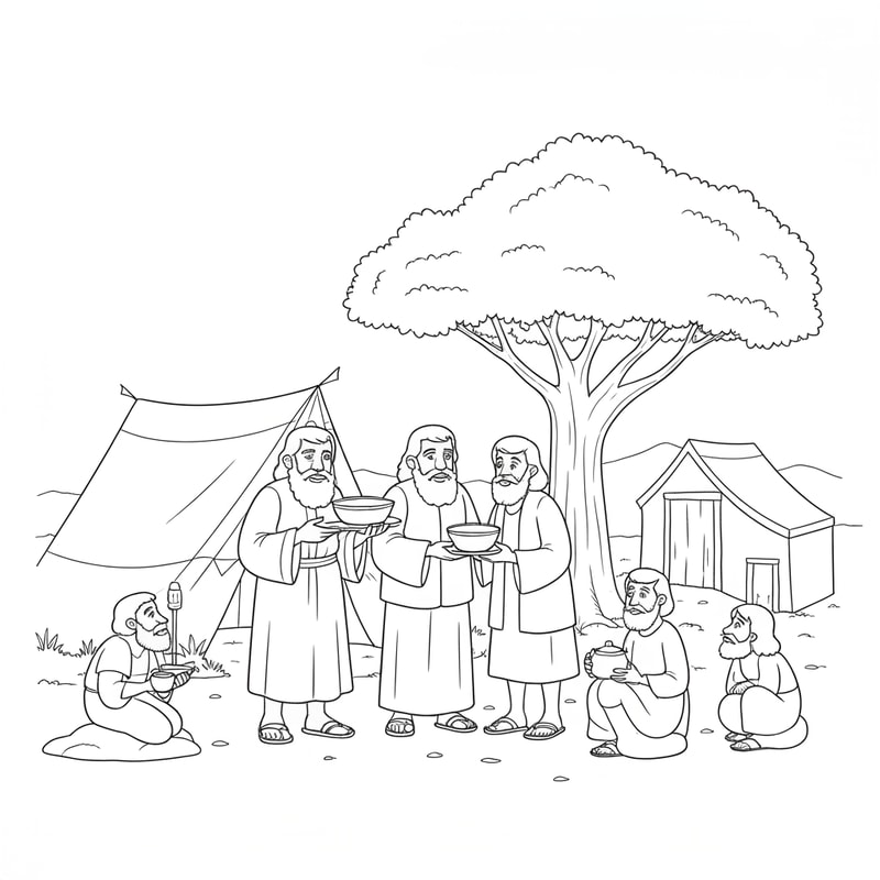 coloring page of Abraham serving food to three visitors in front of a tent and under a tree