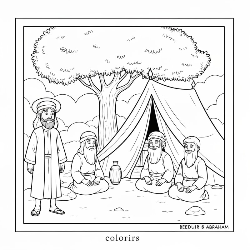 make coloring page, abraham standing, three visitirs sitting outside of a beduin tent under a tree