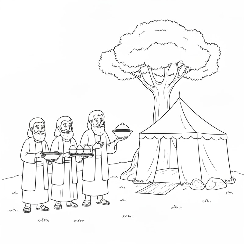 coloring page of Abraham serving food to three visitors in front of a tent and under a tree