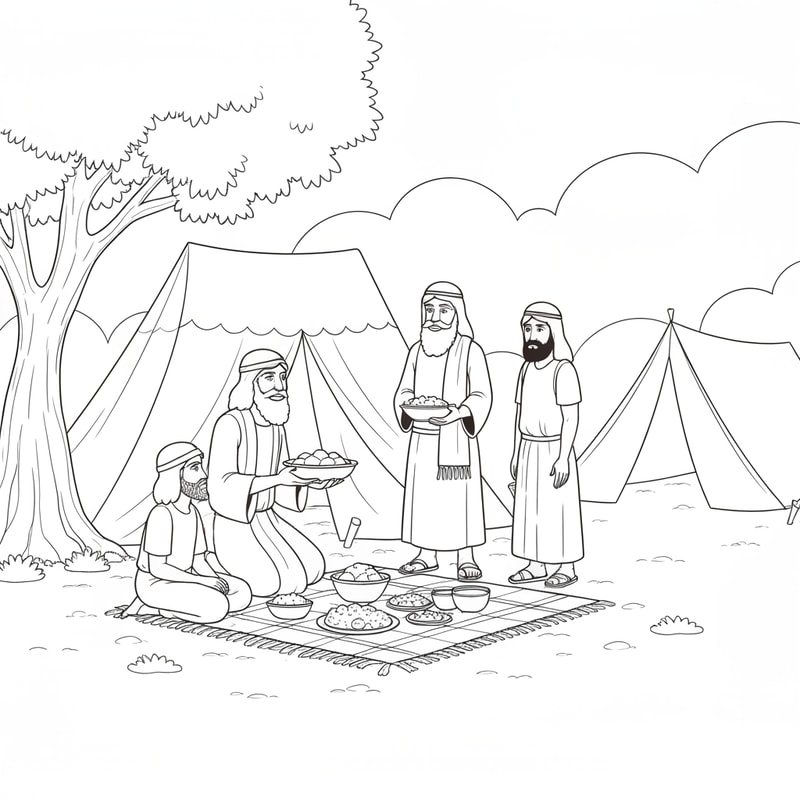 coloring page of Abraham serving food to three visitors in front of a tent and under a tree with food on a blanket, two beduin tents at the background