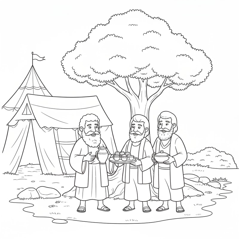 coloring page of Abraham serving food to three visitors in front of a tent and under a tree