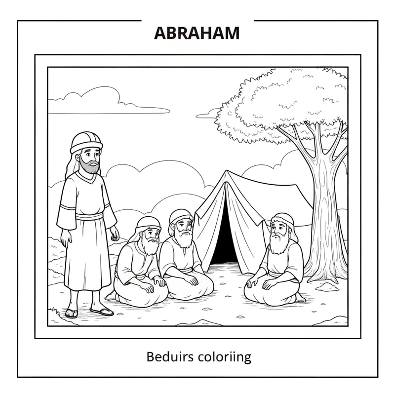 make coloring page, abraham standing, three visitirs sitting outside of a beduin tent under a tree