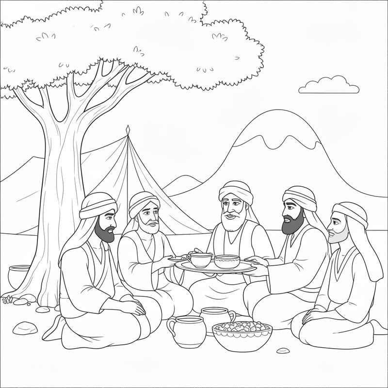coloring page of Abraham serving food to three visitors sitting under a tree with Bedouin tent at the background