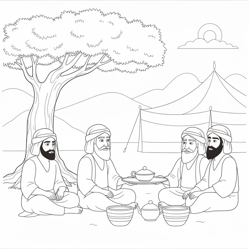 coloring page of Abraham serving food to three visitors sitting under a tree with Bedouin tent at the background