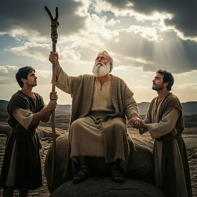 make Moses holding the staff with wo hands, the rod in the middle