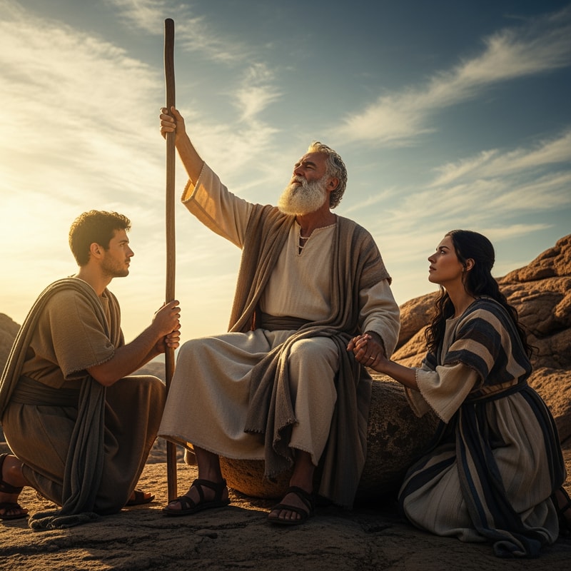 picture of Moses sitting on a rock, lifting his hands up and holding a staff high in the air, two people one on the left and one at his right side, holding his hands