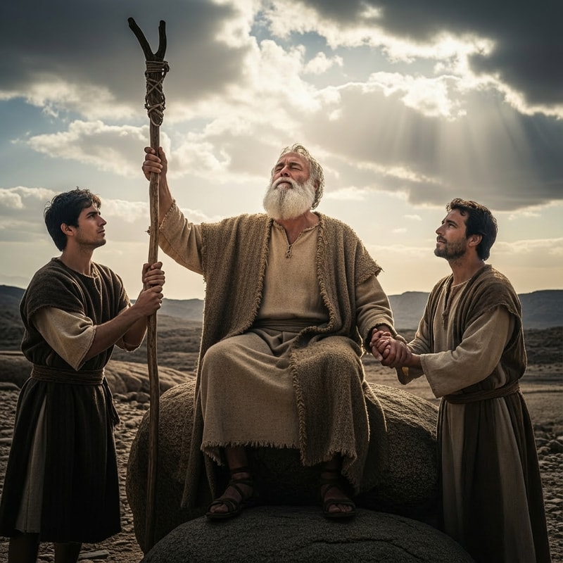 replace the woman with a man, make Moses holding the staff with both hands, take kippa off the head of the man