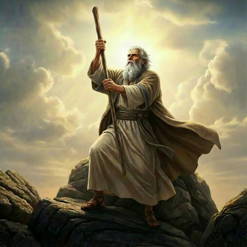 make Moses holding the staff with two hands vertically